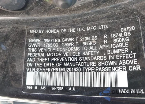 2021 Honda Civic Ex from USA, damaged, VIN SHHFK7H61MU201630